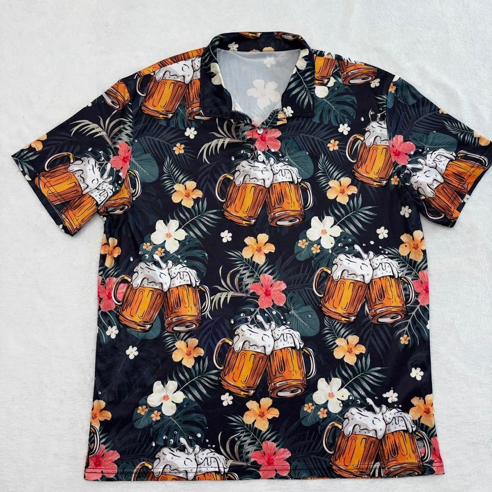 Tropical Beer Mug Hawaiian Polo Shirt XL Floral Short Sleeve Summer